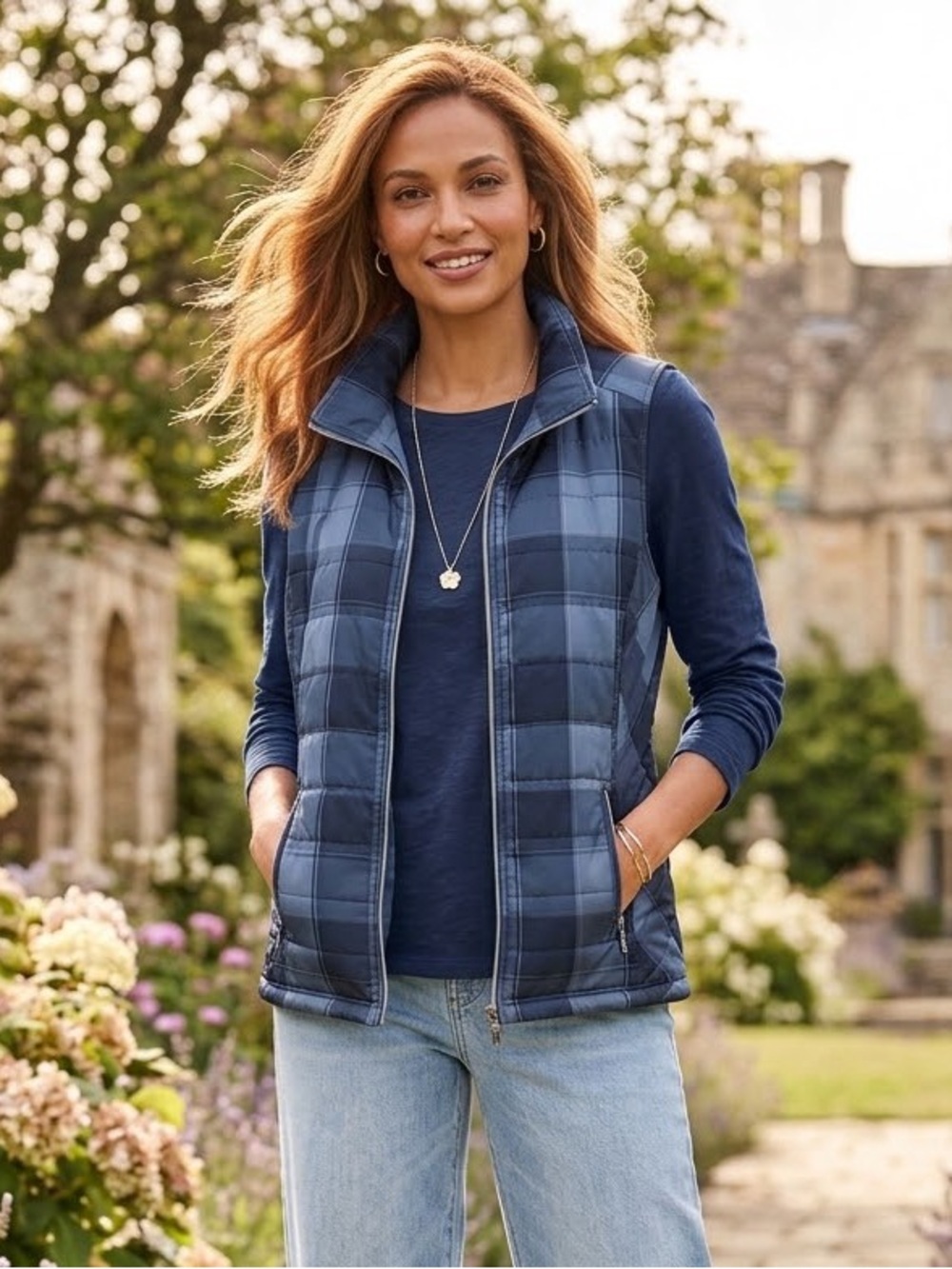 Christopher & Banks Blue Plaid Quilted Puffer Vest